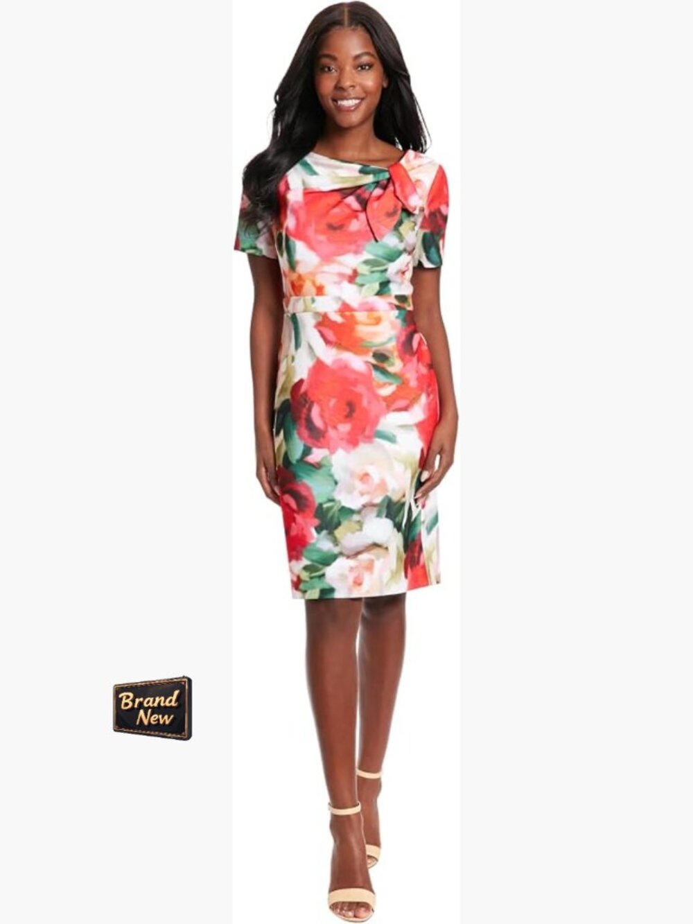 Polished Sheath Dress with Bow Detail Scuba Crepe Knee Length Short Sleeve Plus